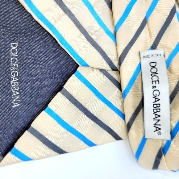 DOLCE & GABBANA Vintage SilK Cream Shimmery and Turquoise Stripped Tie - Picture 11 of 15